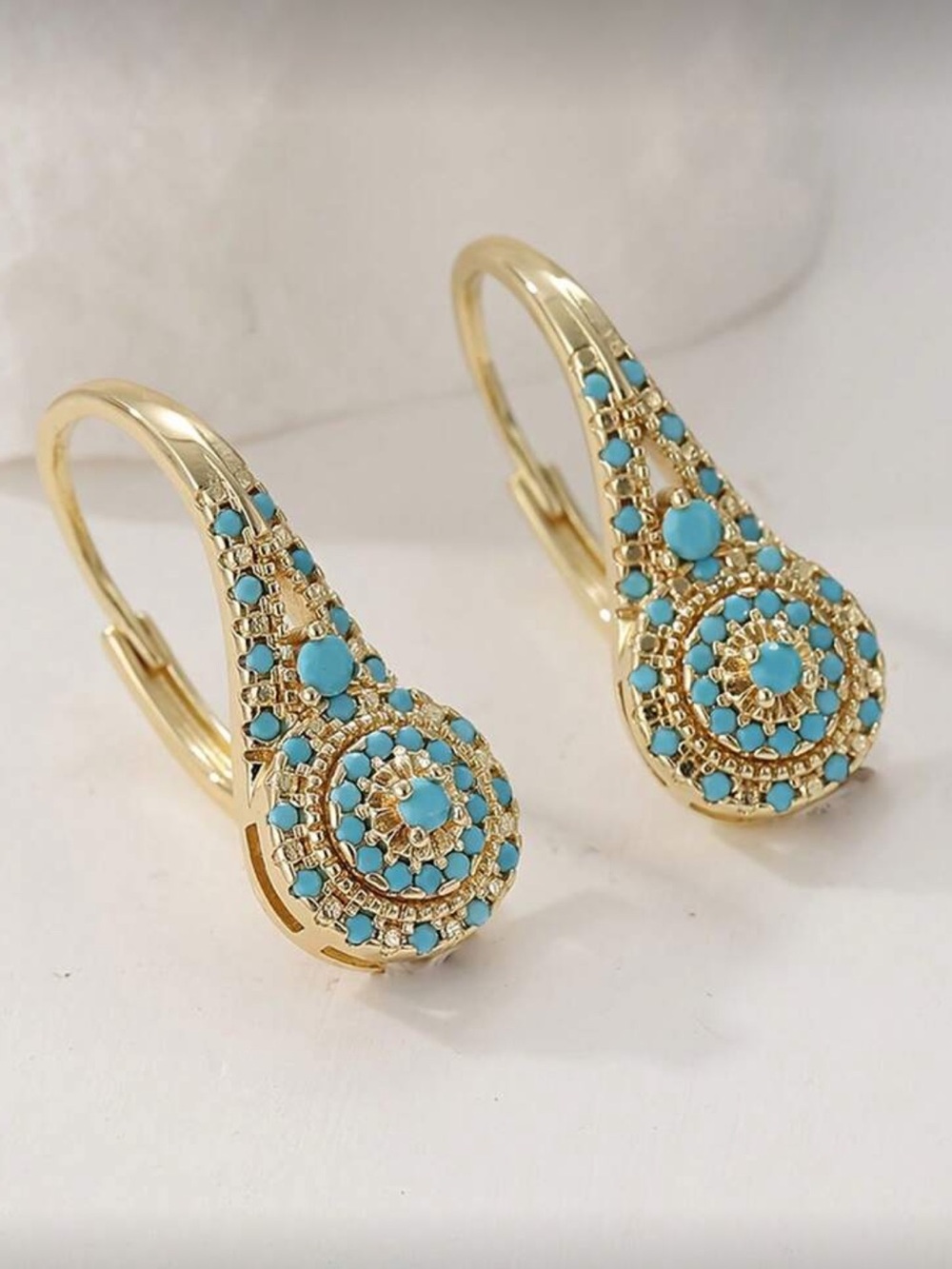 Vintage Gold and Turquoise Drop Filigree Earrings